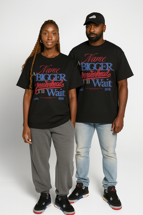 Two people wearing matching black t-shirts to match Air Jordan 4 Rare Air with colorful text on a white background