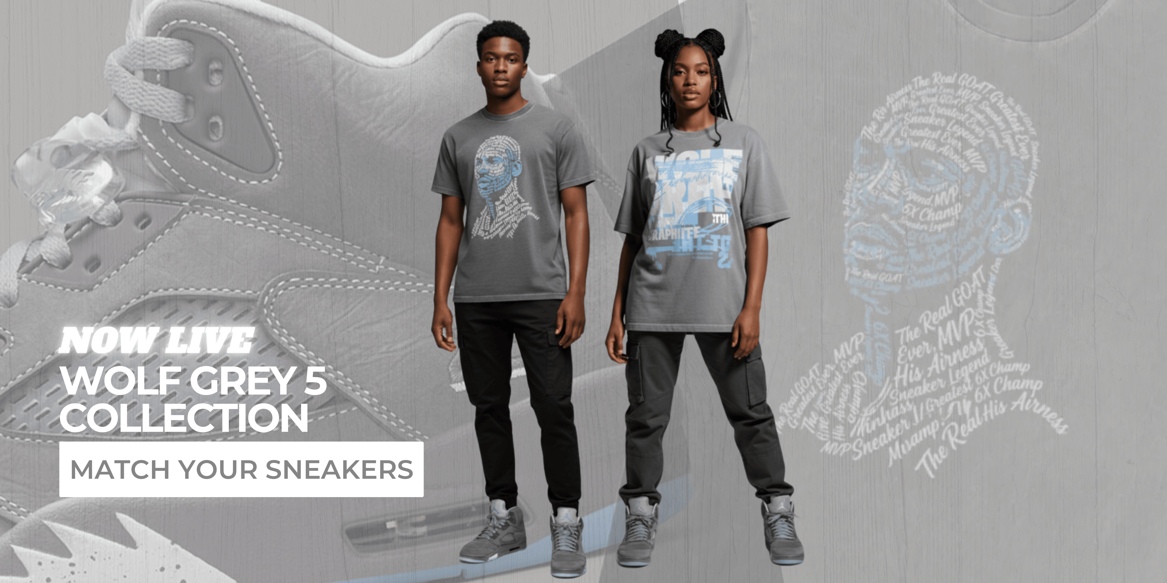 Man and woman wearing tees to match Air Jordan 5 Wolf Grey