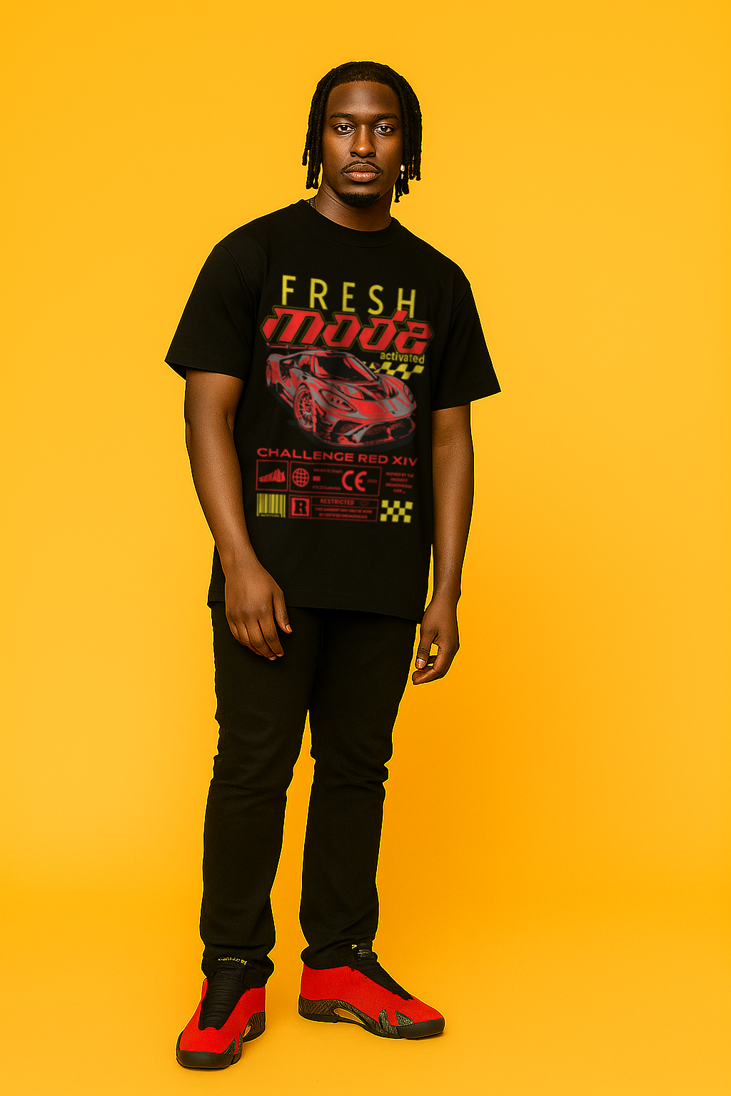 Man wearing air jordan 14 matching t-shirt