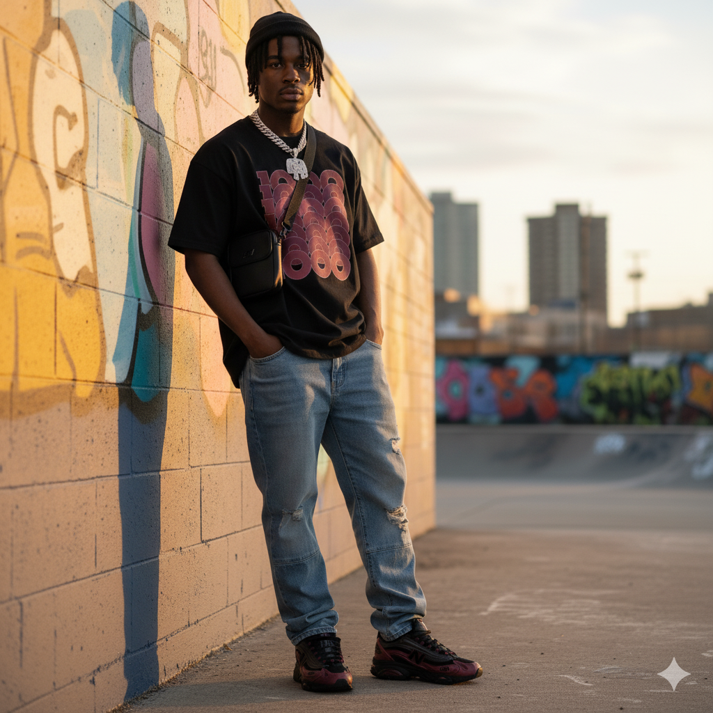 Person leaning against a graffiti-covered wall with urban landscape in the background wearing a 1000 Stack Heavyweight T-Shirt Matching New Balance 1000 Monarch Burgundy
