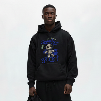 Man wearing a black hoodie with a Voodoo Jordan 1 design on a white background