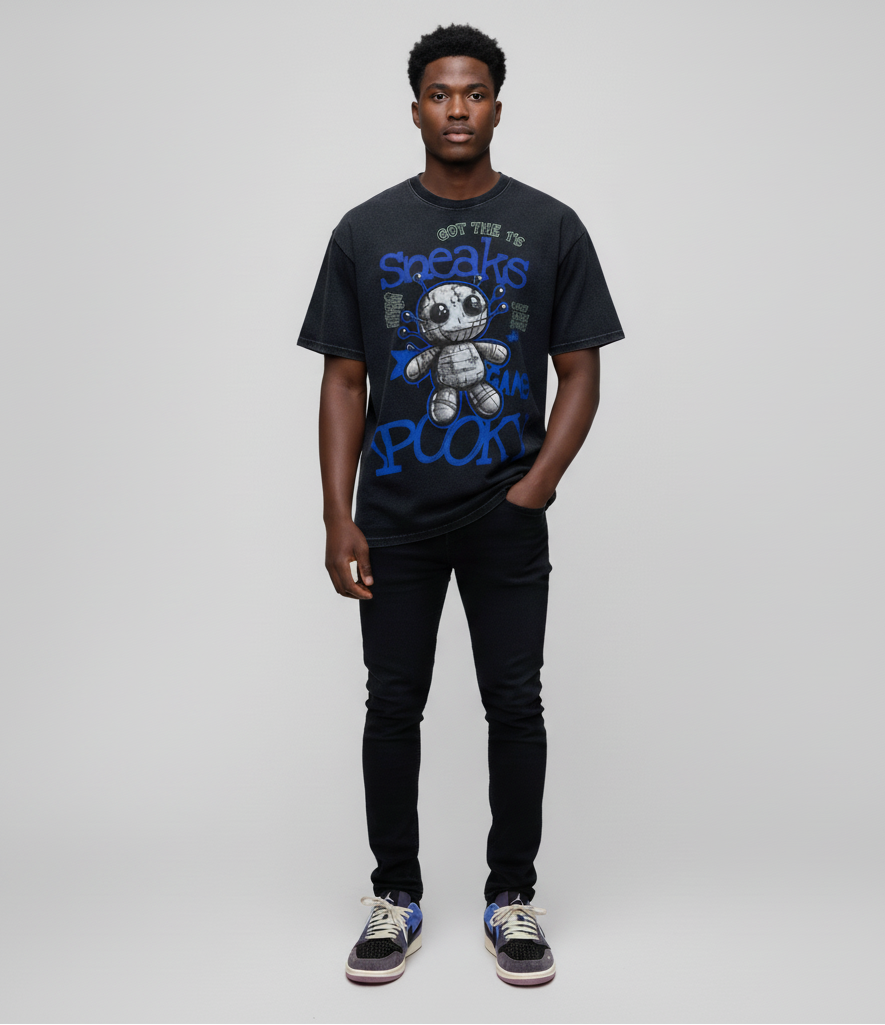 Man wearing a black t-shirt with graphic design and text on a plain background