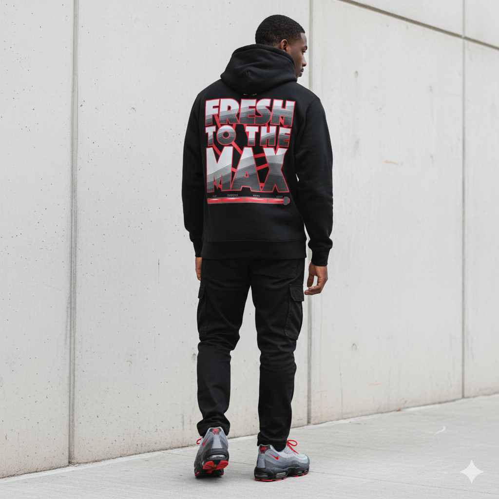 Man wearing black hoodie matching air max 95 solar red back view