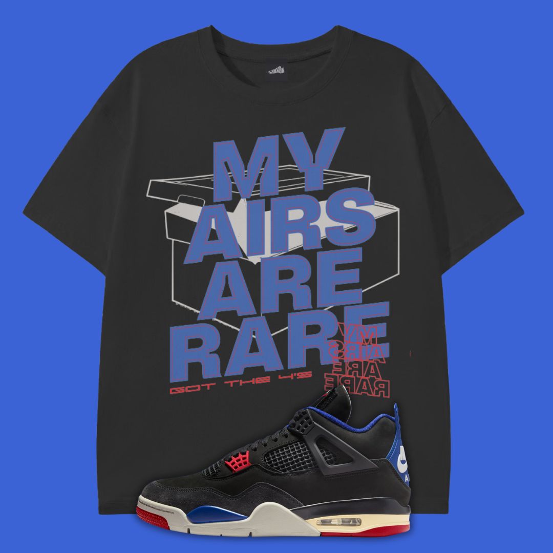 Black t-shirt with 'My Airs Are Rare' text and a black sneaker on a blue background