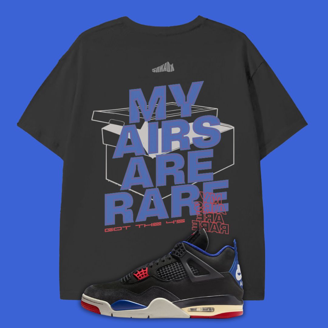 Black t-shirt with 'My Airs Are Rare' graphic and a black sneaker on a blue background