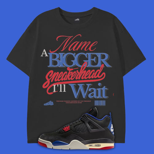 Black t-shirt with colorful typography  text and a black sneaker on a blue background