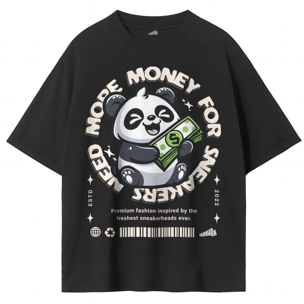 Black t-shirt with a panda graphic and text on a white background