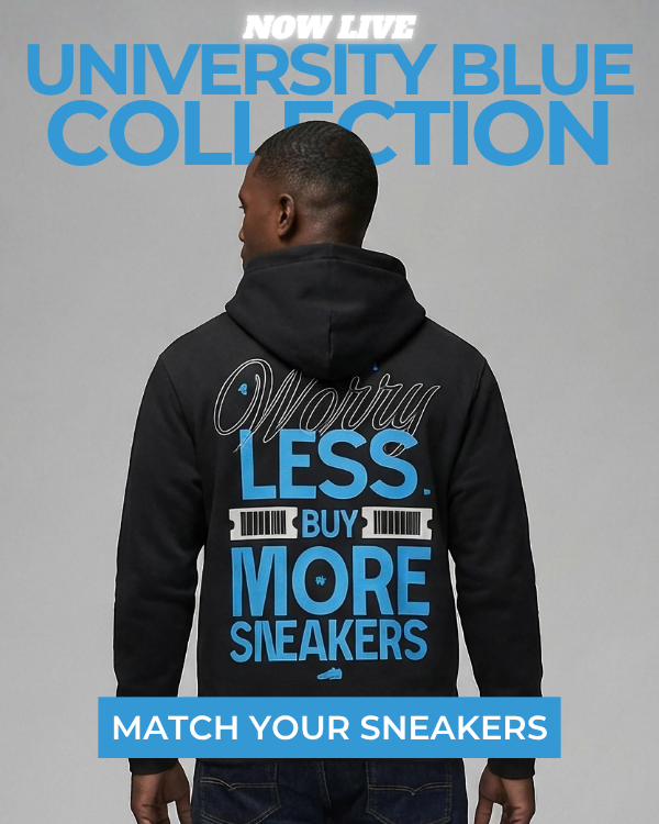 Person wearing a black hoodie with text on the back, against a gray background, promoting the 'University Blue Collection'.