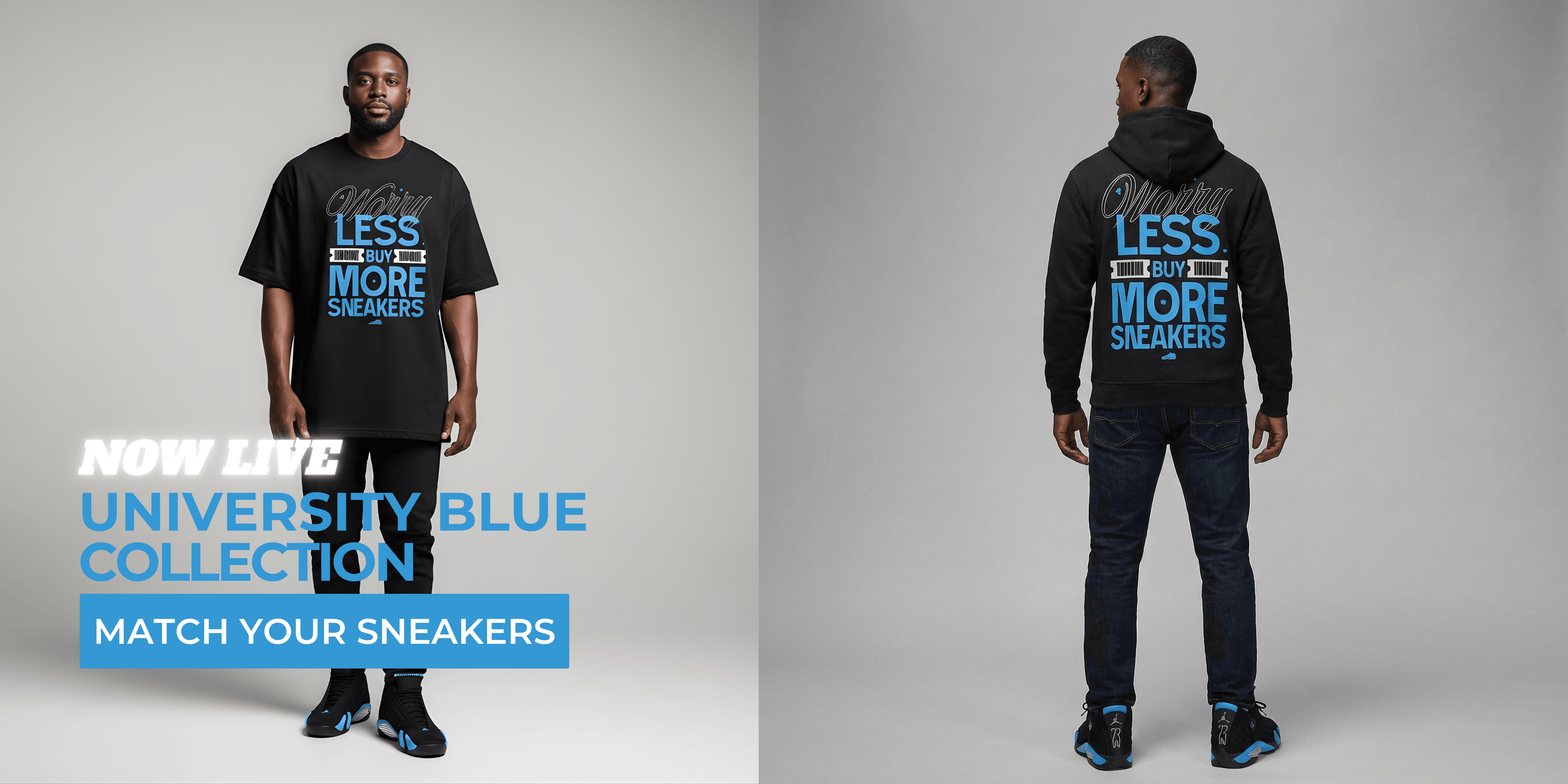 Person wearing a black t-shirt and hoodie with text, standing side by side on a gray background.