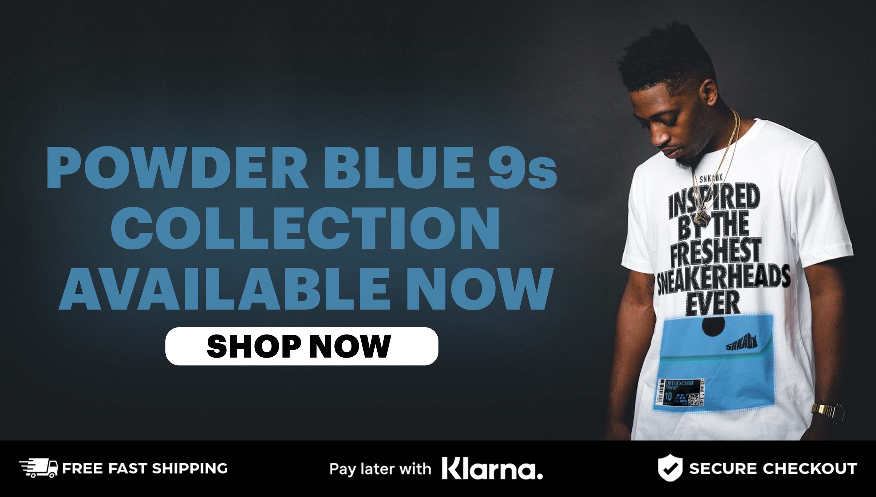 Man wearing graphic t-shirt to match Air Set Jordan 9 Powder Blue