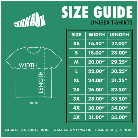 Illustrated size guide for adult unisex t-shirts, providing measurements and a chart to determine the correct fit. Includes guidance on measuring shoulder width and torso length. Helpful tips for selecting the right size based on body type.