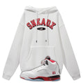 White hoodie with red text and a white Air Jordan 5 Fire Red sneaker with red and black accents on a white background