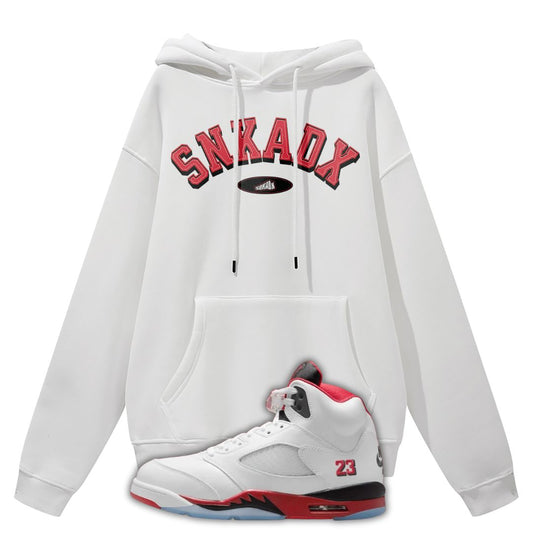 White hoodie with red text and a white Air Jordan 5 Fire Red sneaker with red and black accents on a white background