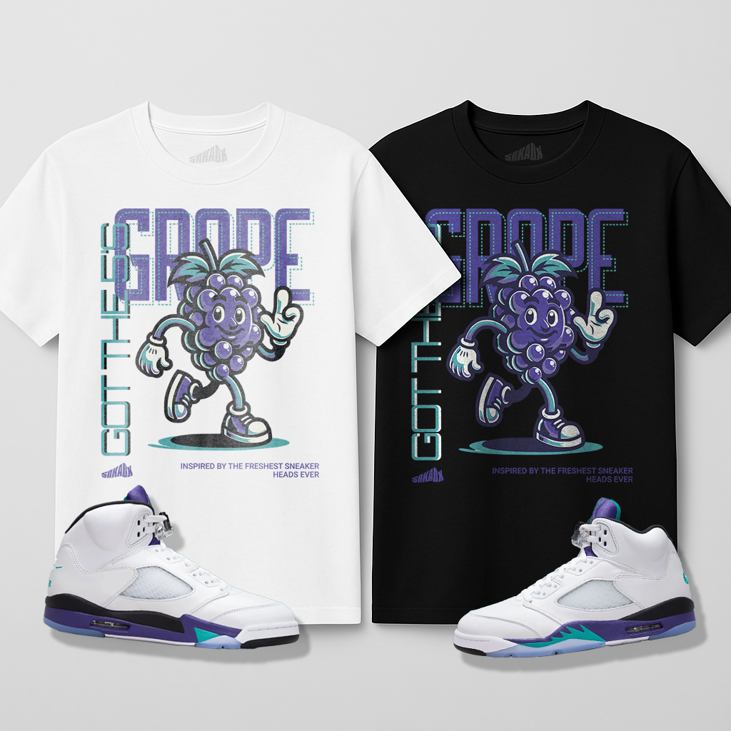 Shirts designed to match air jordan 5 grape with grapes on the front.