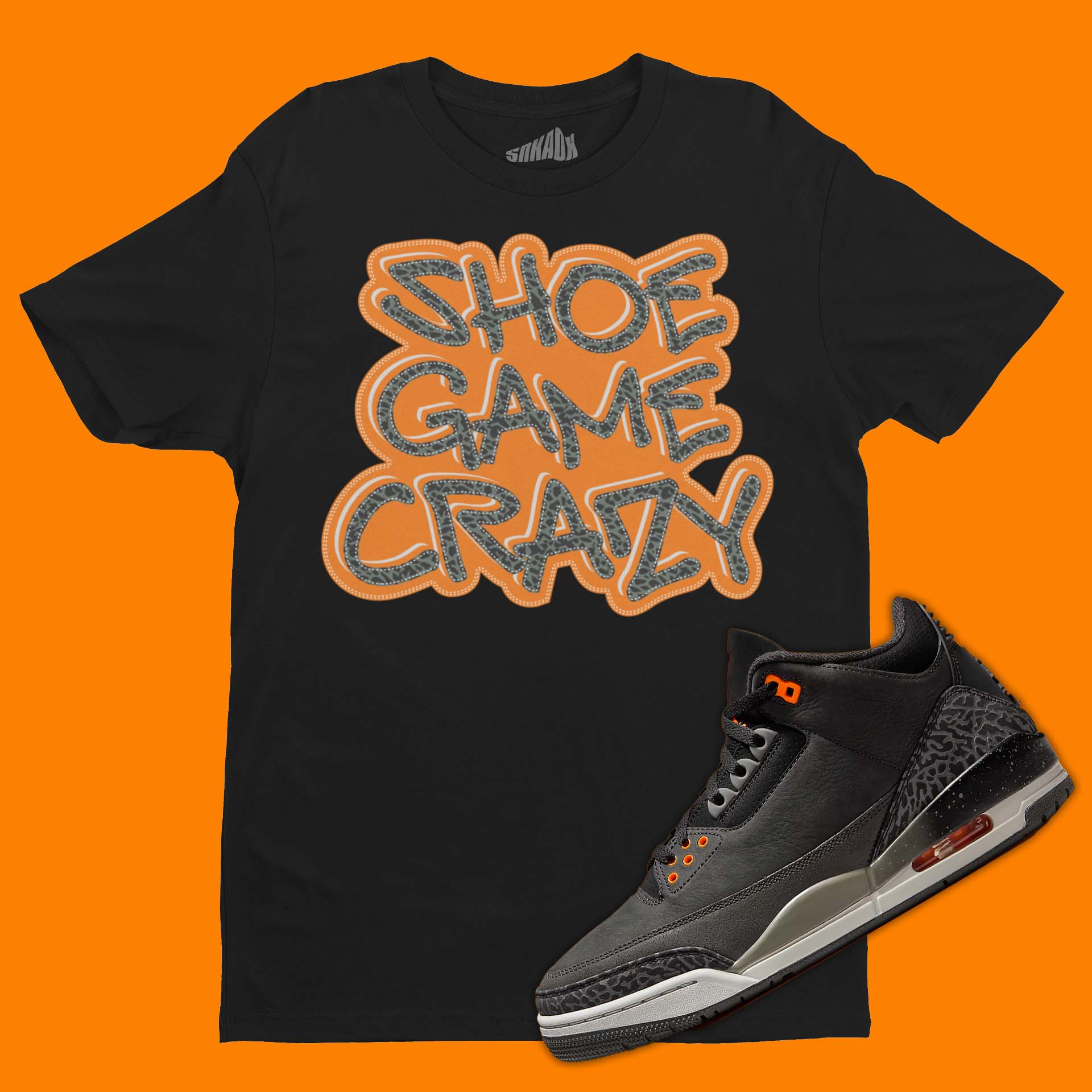 Black 'Shoe Game Crazy' T-shirt designed to match the Air Jordan 3 Fear Pack, featuring bold typography and sneaker-inspired graphics.