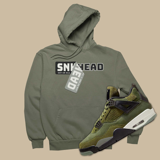 sneaker match hoodie is the perfect sweatshirt to match your Air Jordan 4 Craft Medium Olive with sneakerhead sticker graphic on the front