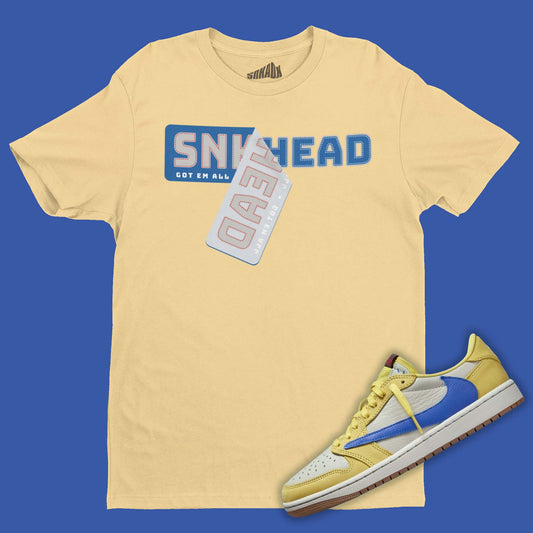 Sneakerhead Sticker T-Shirt Matching Travis Scott Air Jordan 1 Low OG Canary