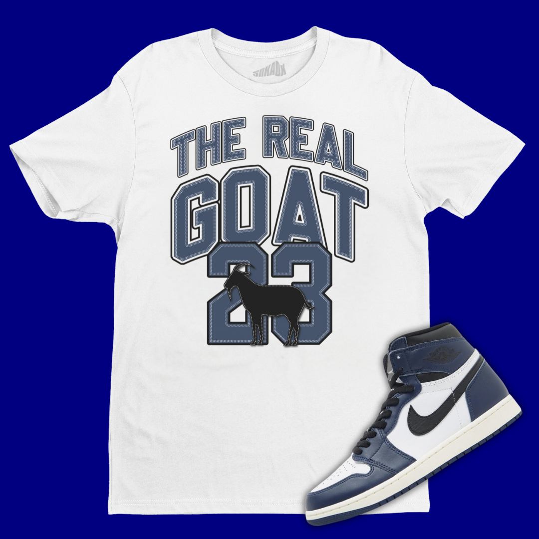 The Real GOAT White T-Shirt Matching Jordan 1 High OG Midnight Navy
