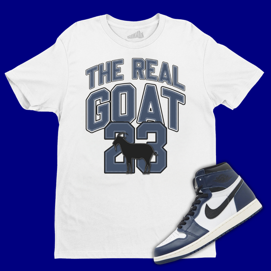 The Real GOAT White T-Shirt Matching Jordan 1 High OG Midnight Navy