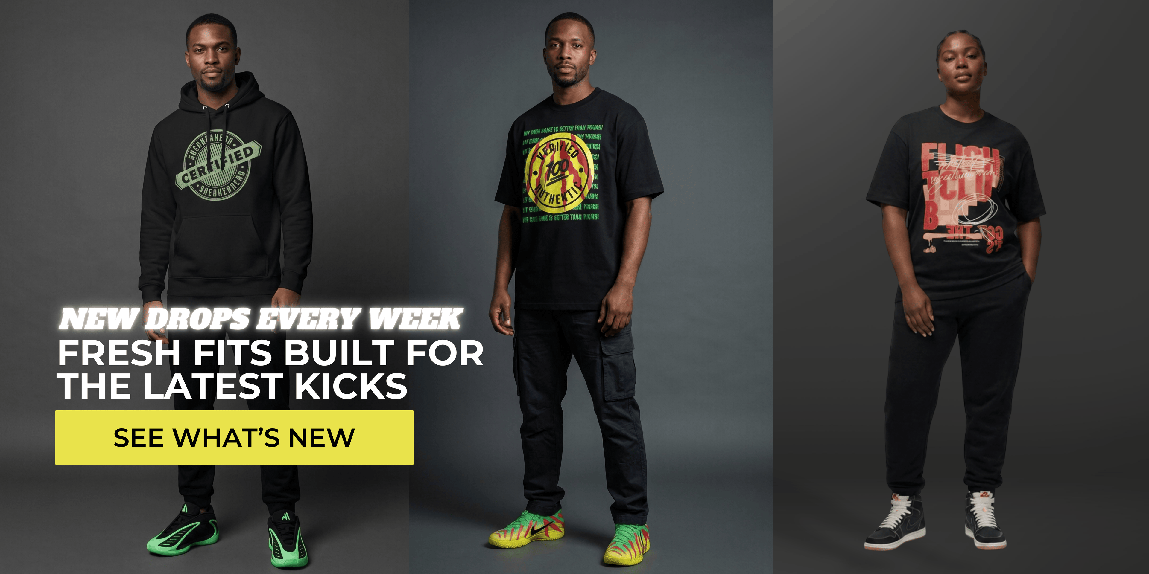 Three people wearing streetwear clothing to match sneakers on a gray background, promoting new product drops.