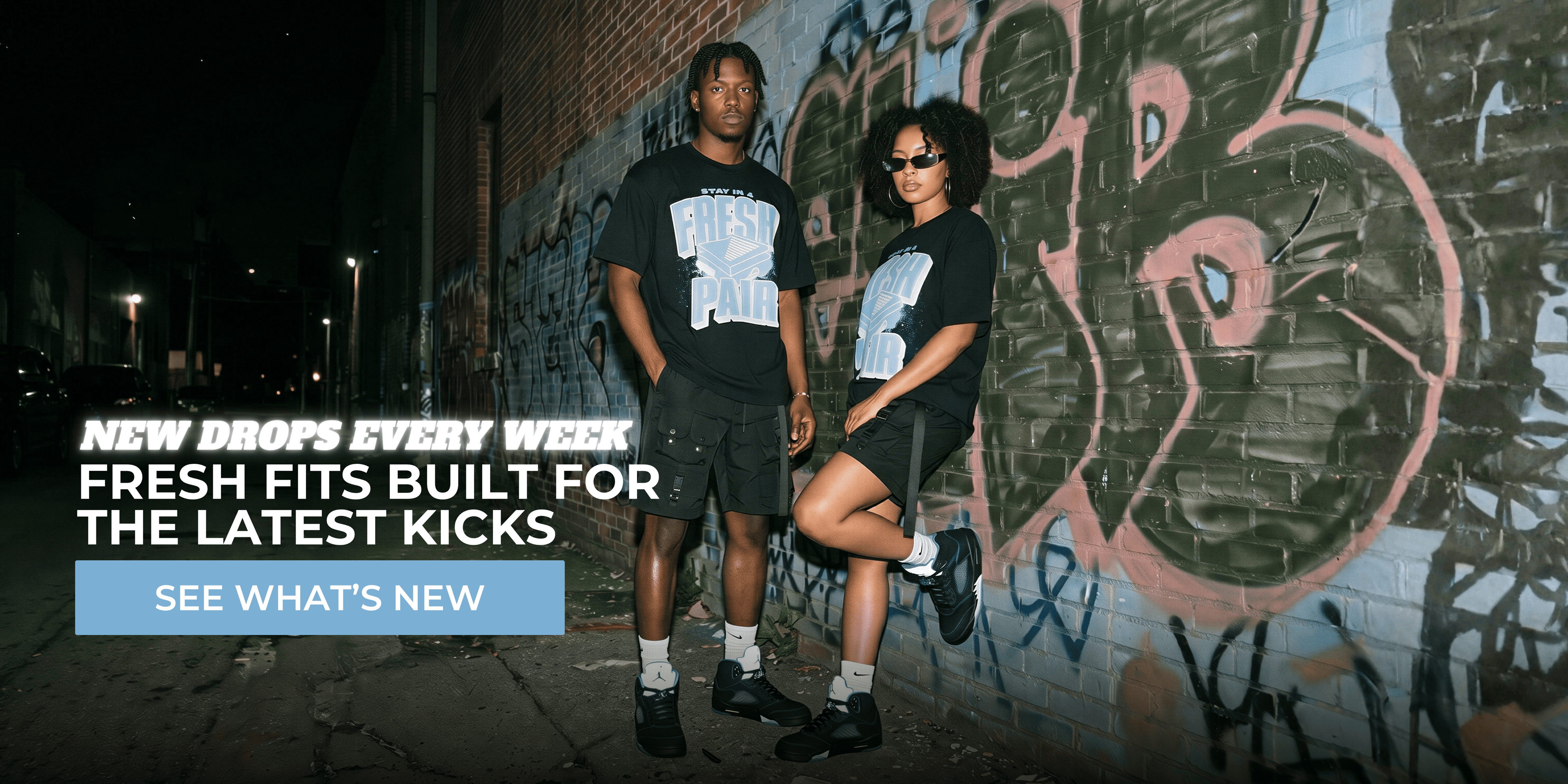 Two people standing against a graffiti-covered wall with promotional text overlay.
