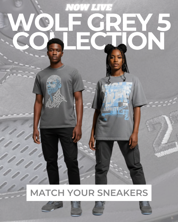 Two people wearing matching gray t-shirts for Jordan 5 Wolf Grey with a graphic design, standing against a textured gray background with text overlay.