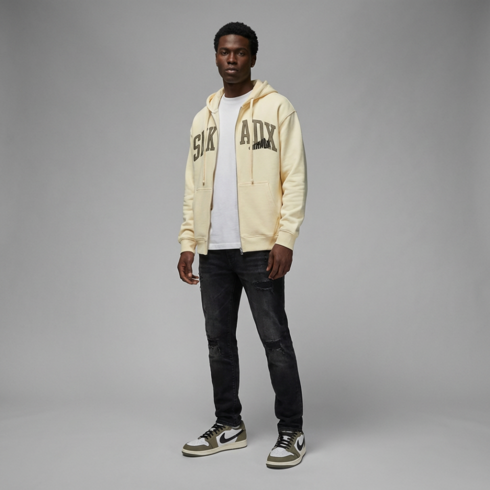 SNKADX Medium Olive Premium Drop-Shoulder Zip Up Hoodie Matching Jordan 1 Medium Olive