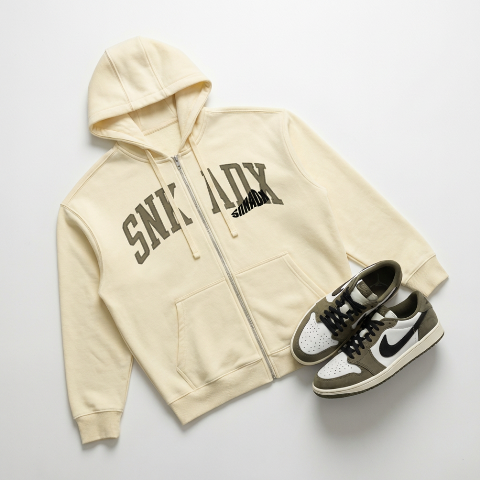 SNKADX Medium Olive Premium Drop-Shoulder Zip Up Hoodie Matching Jordan 1 Medium Olive