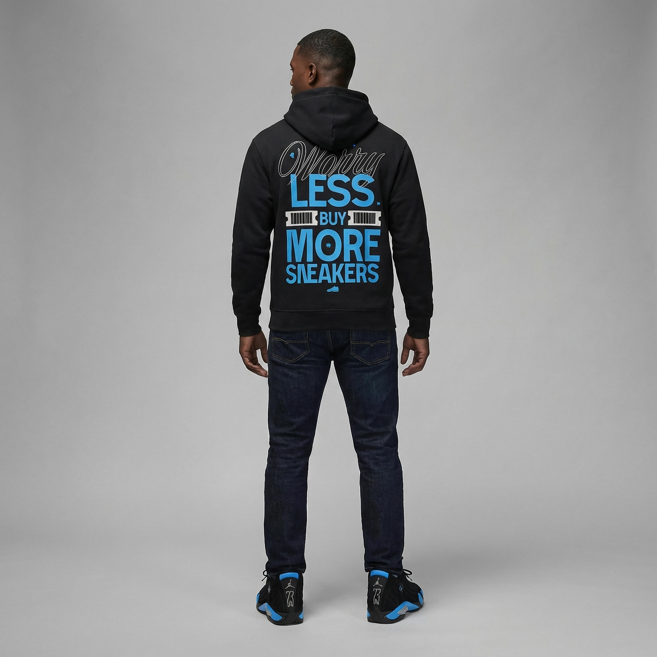 Worry Less Buy More Sneakers Heavyweight Hoodie Matching Jordan 14 University Blue