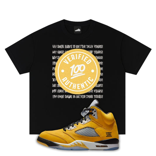 Black t-shirt with 'VERIFIED 100 AUTHENTIC' graphic and Air Jordan 5 Tokyo 2025 sneaker on a white background