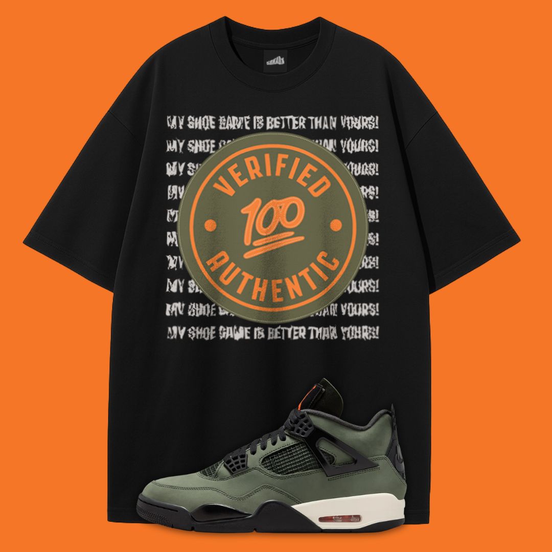 Black t-shirt with 'Verified 100 Authentic' design and Air Jordan 4 Undefeated sneaker on an orange background