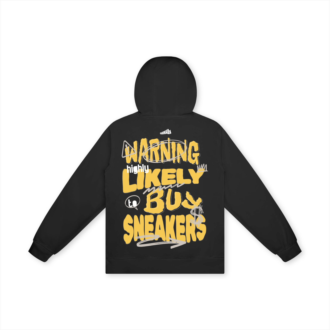 Black hoodie with yellow text on the back on a white background