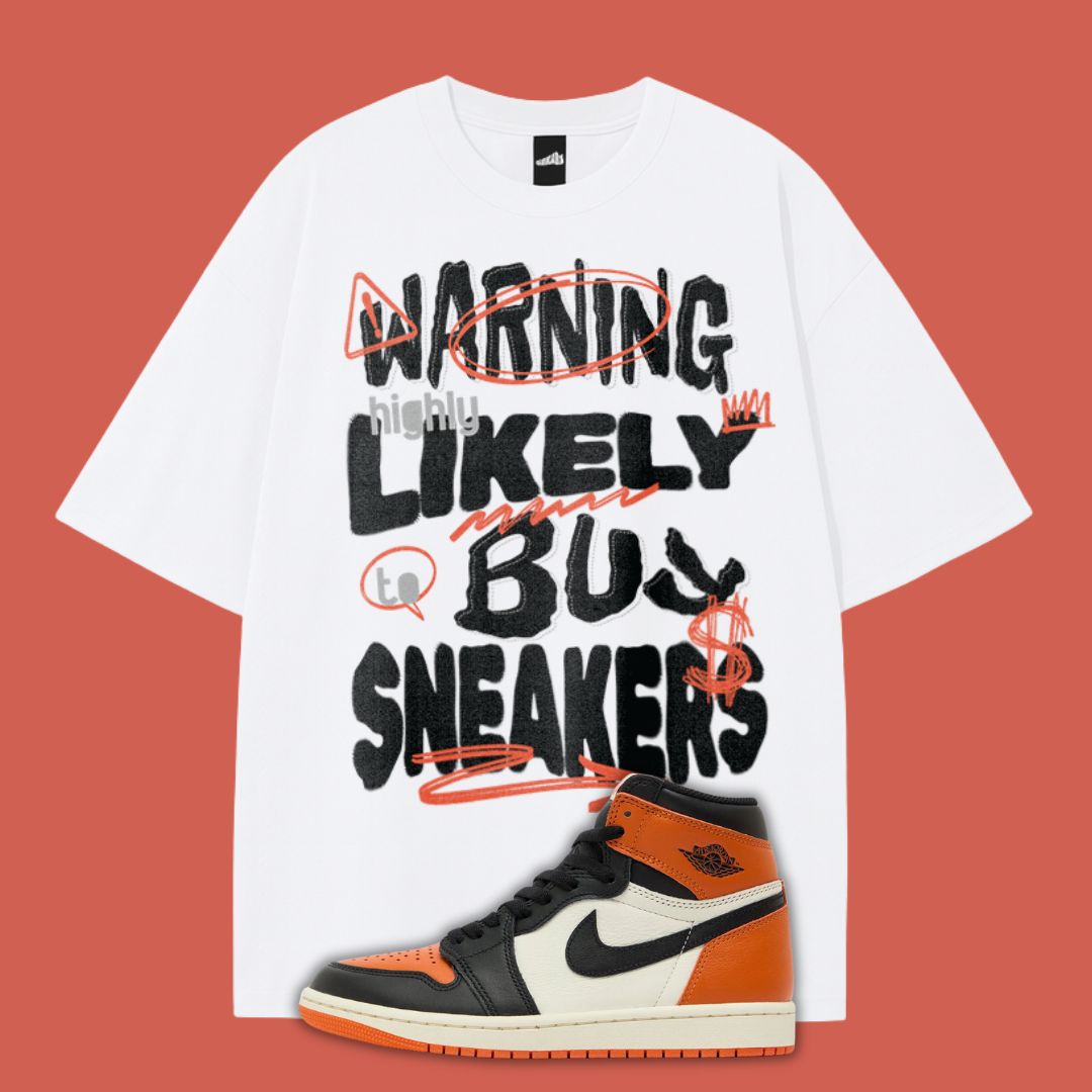 White t-shirt with sneaker-themed graphic and Air Jordan 1 Shattered Backboard on a red background
