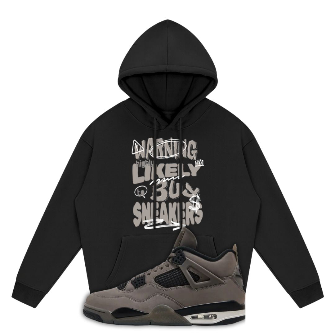 Black hoodie with white text and a gray Air Jordan 4 Cave Stone on a white background