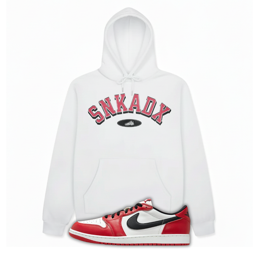 White hoodie with 'SNKADX' text and a Air Jordan 1 Chicago sneaker with black swoosh logo on a white background