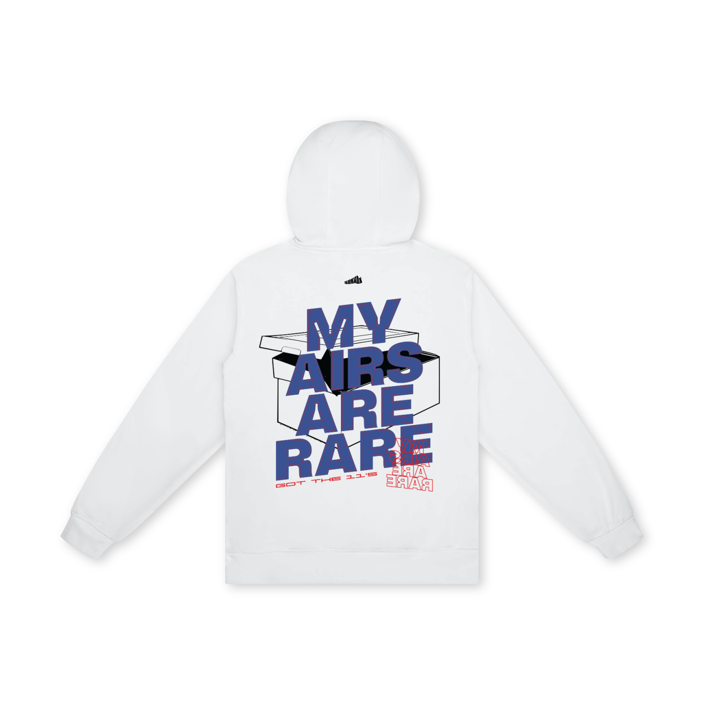 White hoodie with text design on the back against a white background