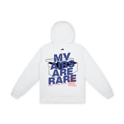 White hoodie with text design on the back against a white background