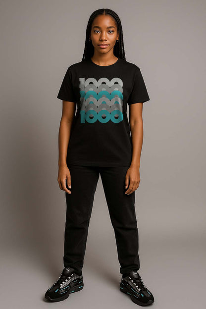 Woman Wearing New Balance 1000 Black Teal matching Tee