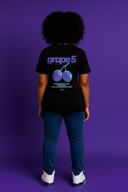 Woman wearing Grape 5's Typography black T-Shirt Matching Jordan 5 Grape 2025 - back view of shirt