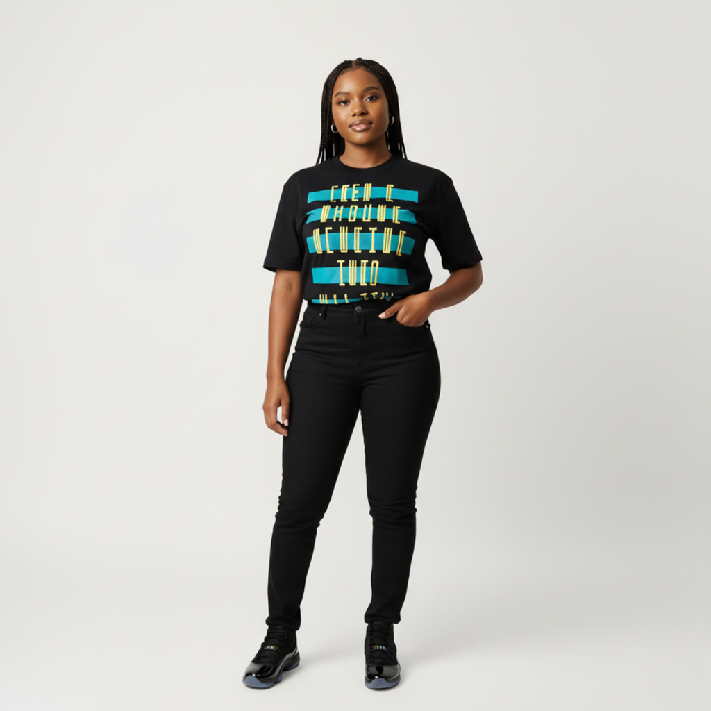 Woman wearing a black t-shirt with blue and gold design on a white background