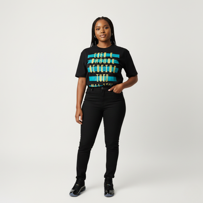 Woman wearing a black t-shirt with blue and gold design on a white background