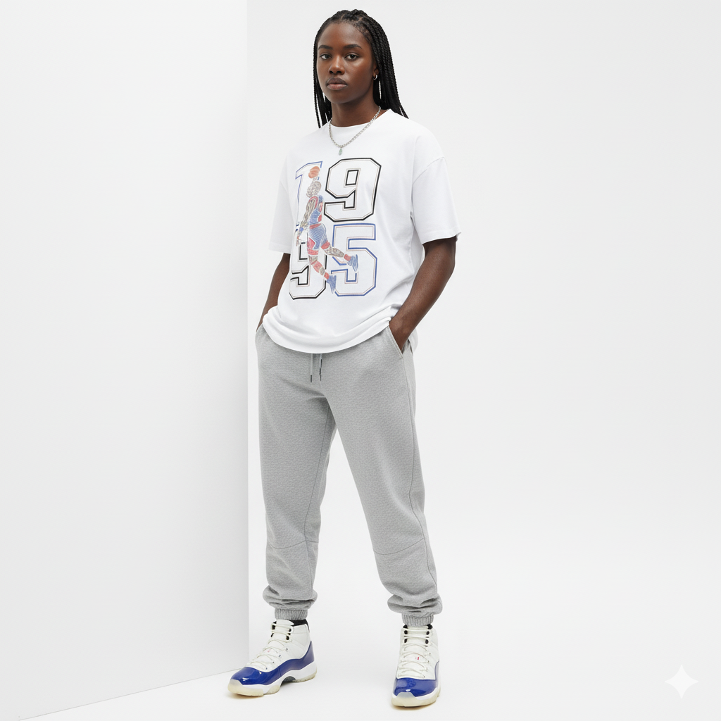 Woman wearing a white t-shirt with a graphic design and gray sweatpants against a white background