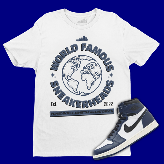 World Famous Sneakerhead White T-Shirt Matching Jordan 1 High OG Midnight Navy