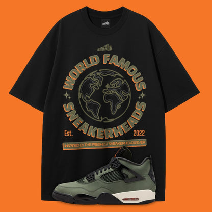 Black t-shirt with 'World Famous Sneakerheads' design on an orange background, paired with an Air Jordan 4 Undefeated sneaker.