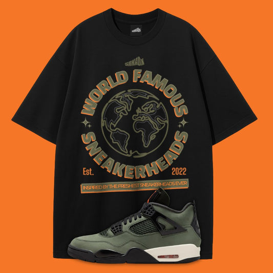 Black t-shirt with 'World Famous Sneakerheads' design on an orange background, paired with an Air Jordan 4 Undefeated sneaker.