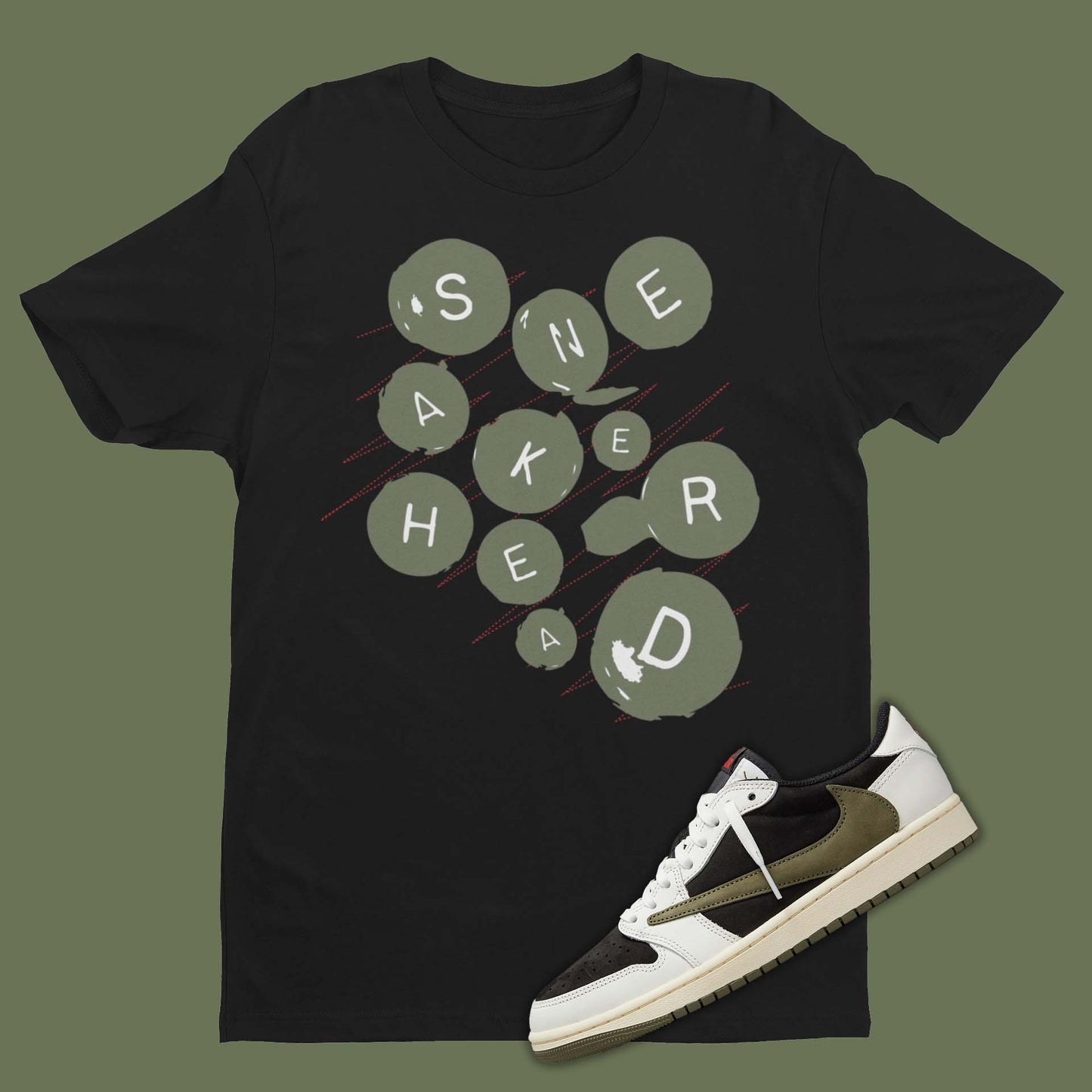 A black cotton crewneck t-shirt with short sleeves, featuring a simple yet stylish design that complements the black, white and red colorway of the Travis Scott Jordan 1 Olive sneakers. The t-shirt has a comfortable and relaxed fit, perfect for casual outings or everyday wear.