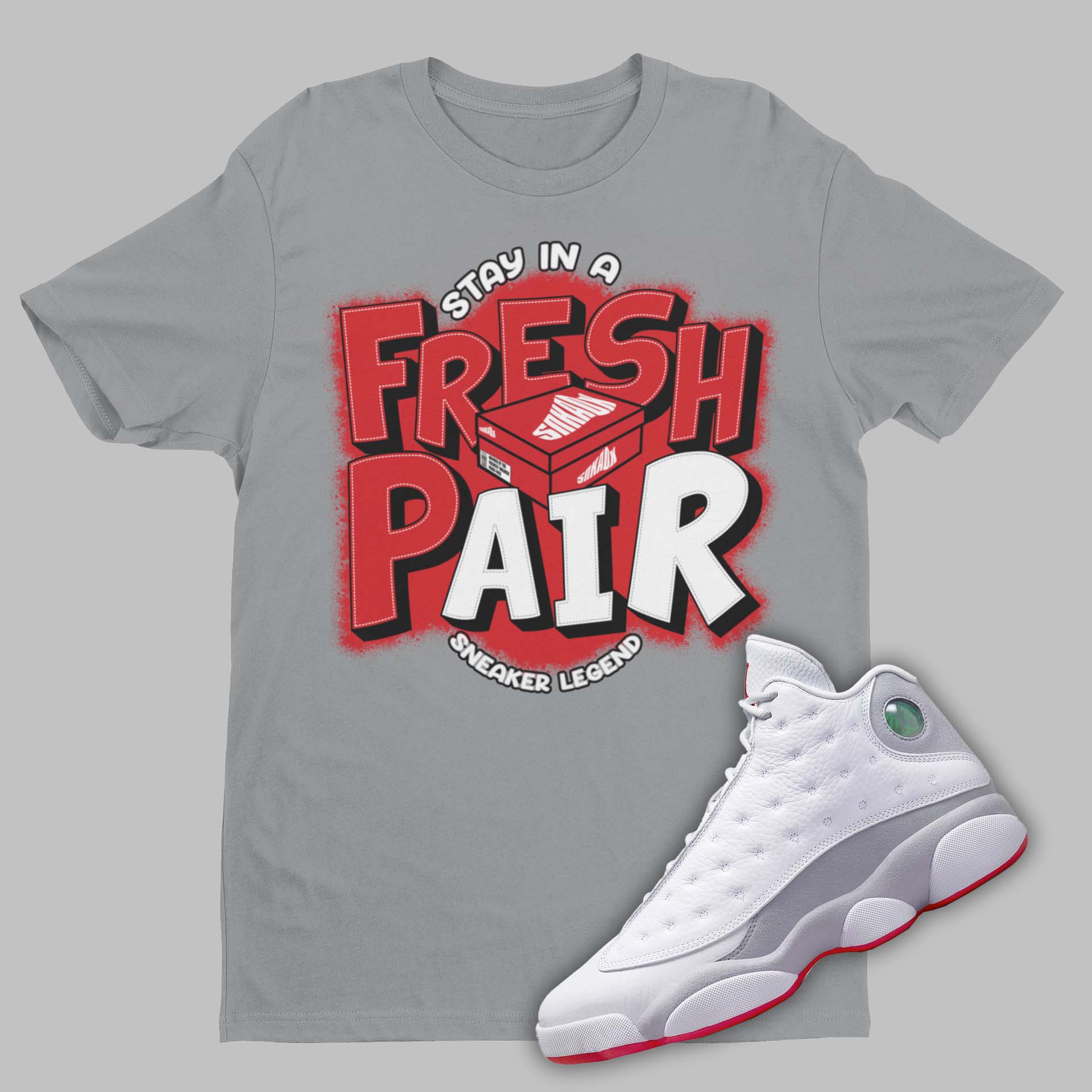 Fresh Pair Air Jordan 13 Wolf Grey Matching T-Shirt from SNKADX