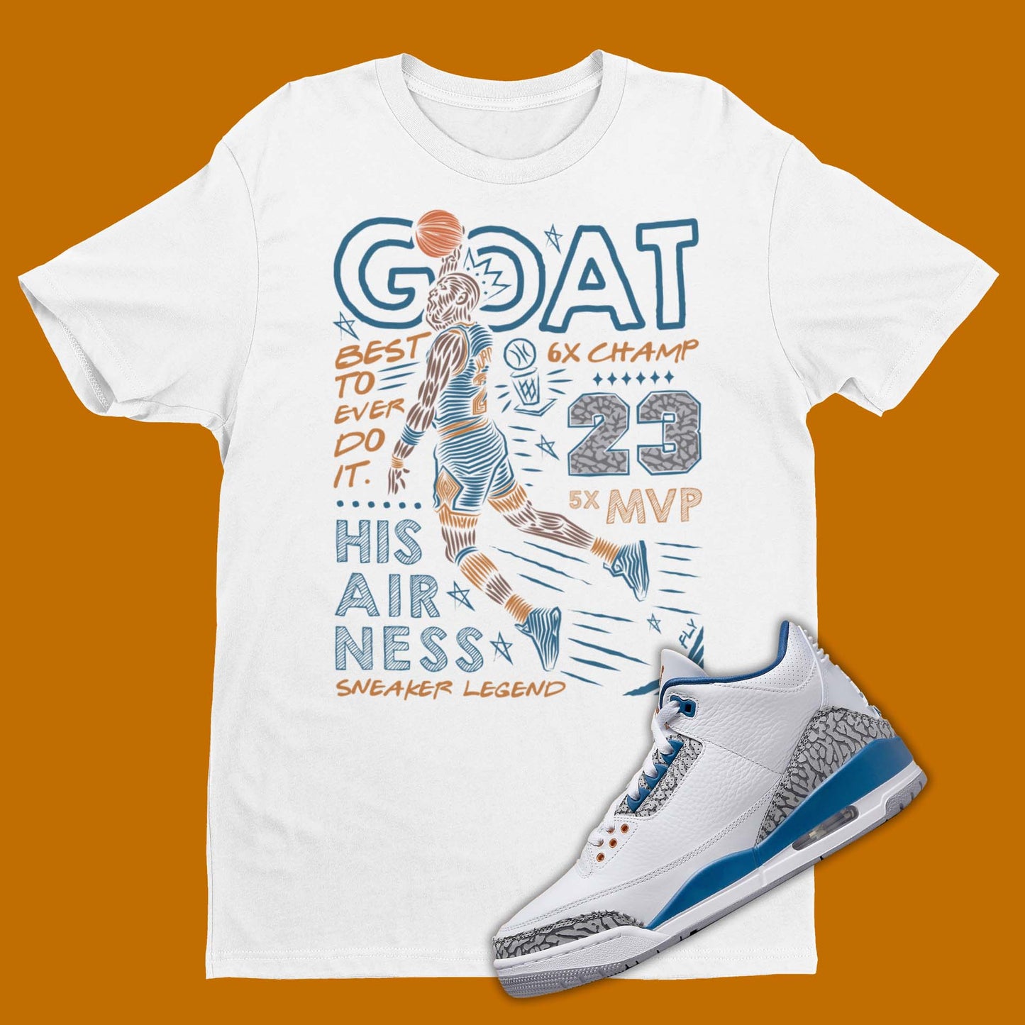 The perfect GOAT Michael Jordan shirt to match your sneakers! Our Match Jordan 3 t-shirt is made to compliment your kicks. Bring your sneakers to the next level with this Wizards Air Jordan 3 shirt. Match and feel trendy with this graphic tee!