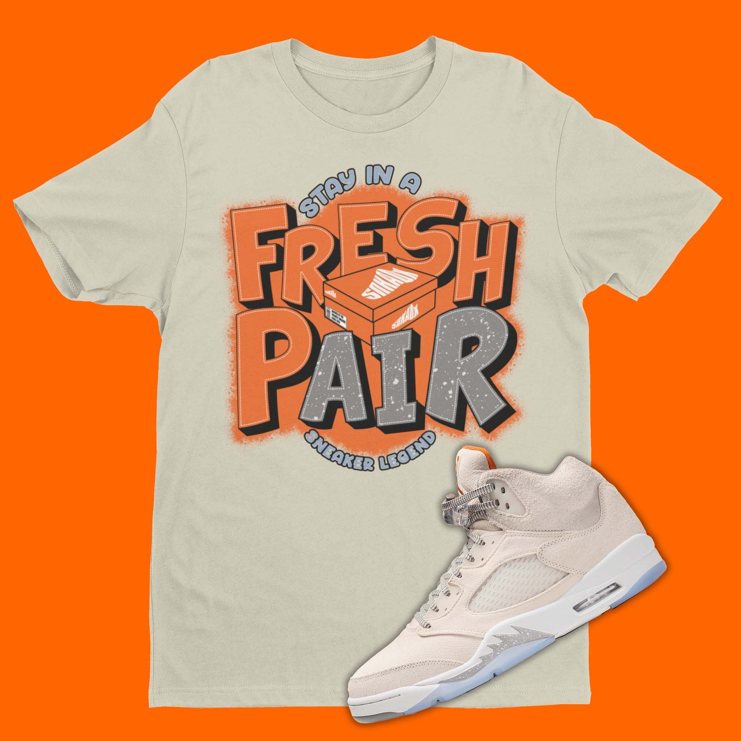 Fresh Pair Air Jordan 5 SE Craft Light Orewood Brown Matching T-Shirt in tan with Stay in a fresh pair and a shoe box on the front.