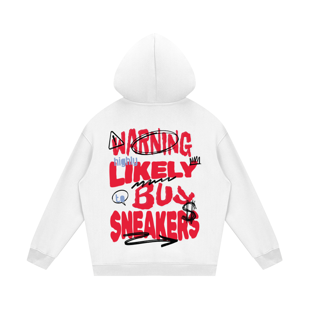 White hoodie with colorful text and graphics on a white background